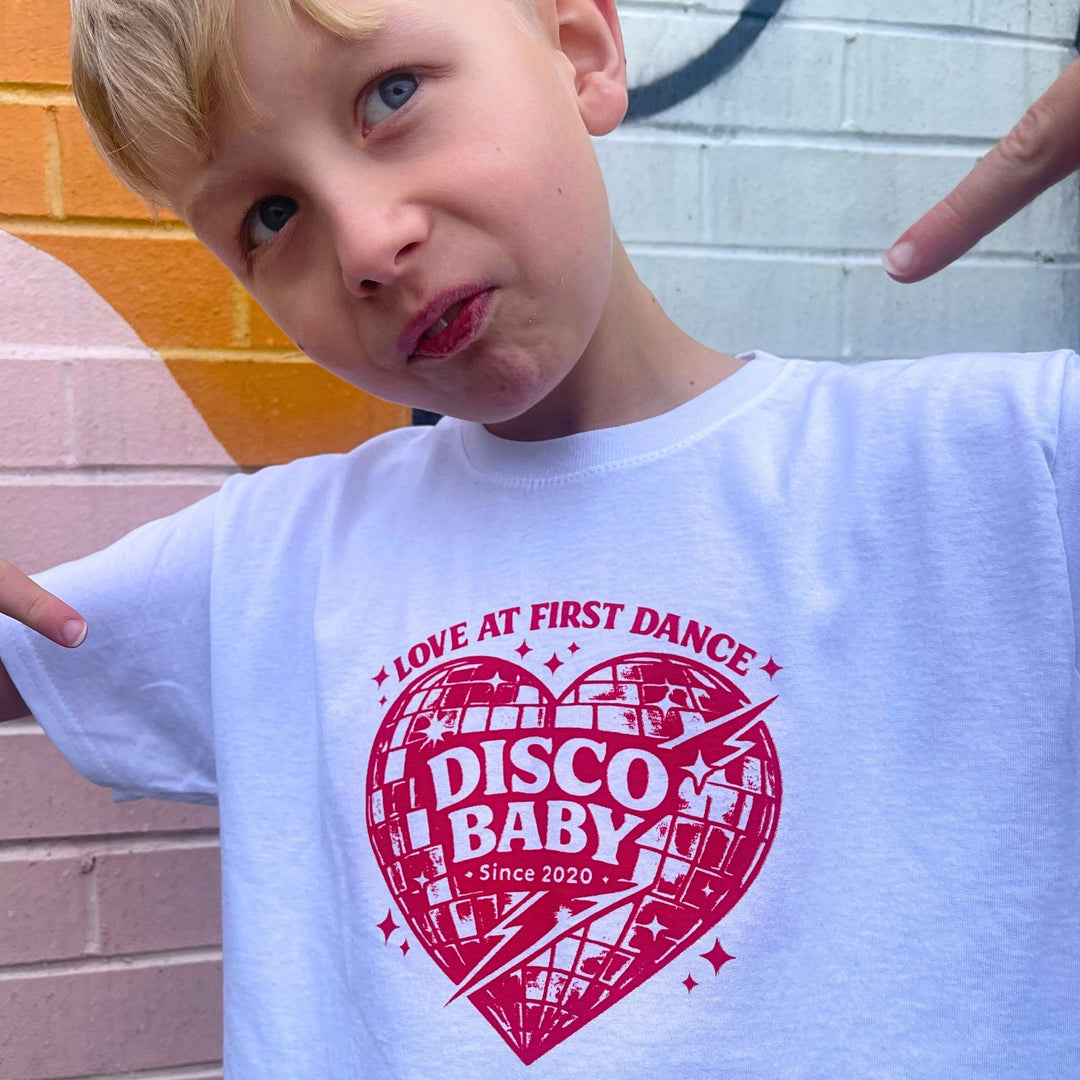 Love At First Dance Kids Disco T-Shirt – Retro Disco Baby Heart Graphic Tee