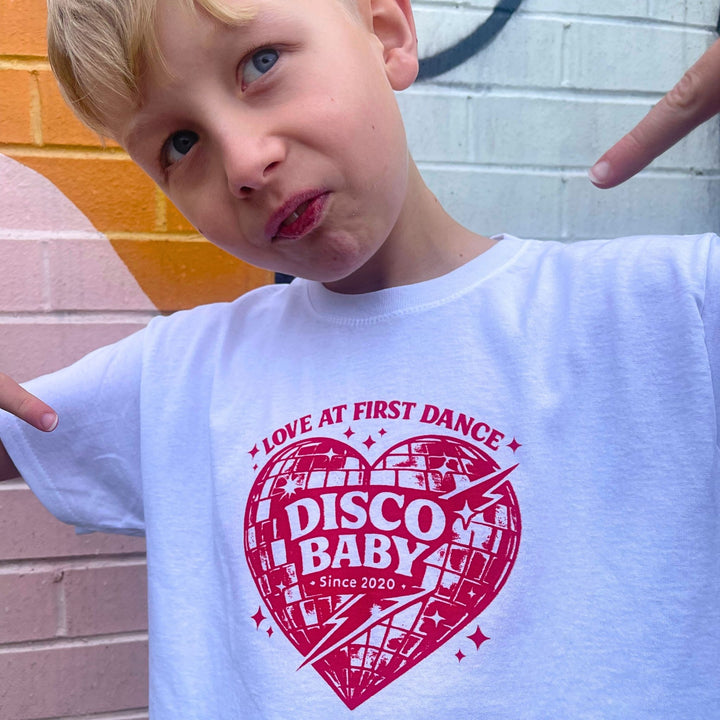 Love At First Dance Kids Disco T-Shirt – Retro Disco Baby Heart Graphic Tee
