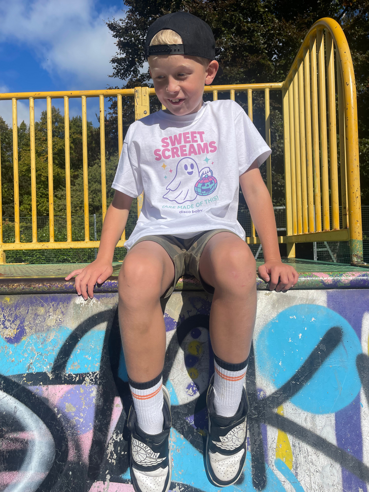 Sweet Screams Kids Halloween T-Shirt – Retro 80s Neon Disco Ball Graphic Tee | Unisex | Disco Baby