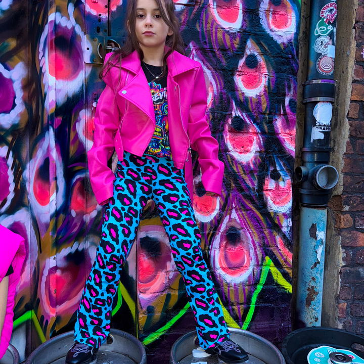 Kids Disco Baby Neon Leopard Flares in Blue / Pink