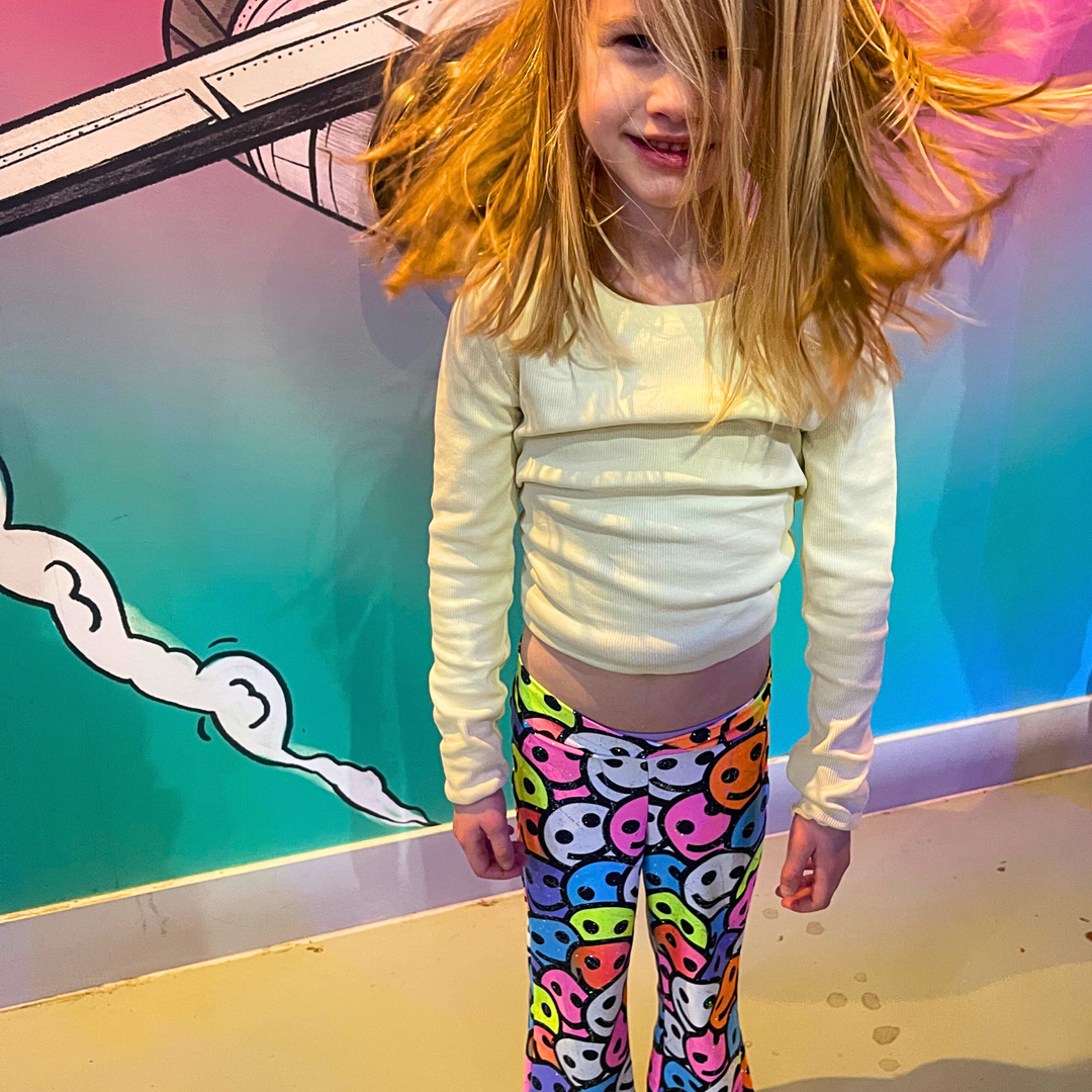 Kids Sparkly Acid House Smiley Flares – Disco Baby