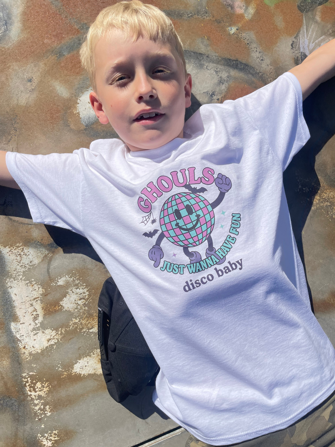 Ghouls Just Wanna Have Fun Kids Halloween T-Shirt – Retro 80s Neon Ghosts & Disco Ball Graphic Tee | Unisex | Disco Baby