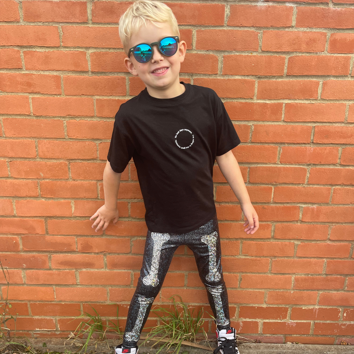 Skeleton Halloween Leggings | Kids / Childrens Holographic Black and Silver Sparkly Disco Leggings