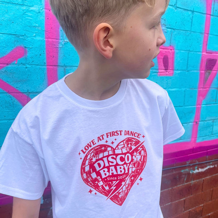 Love At First Dance Kids Disco T-Shirt – Retro Disco Baby Heart Graphic Tee