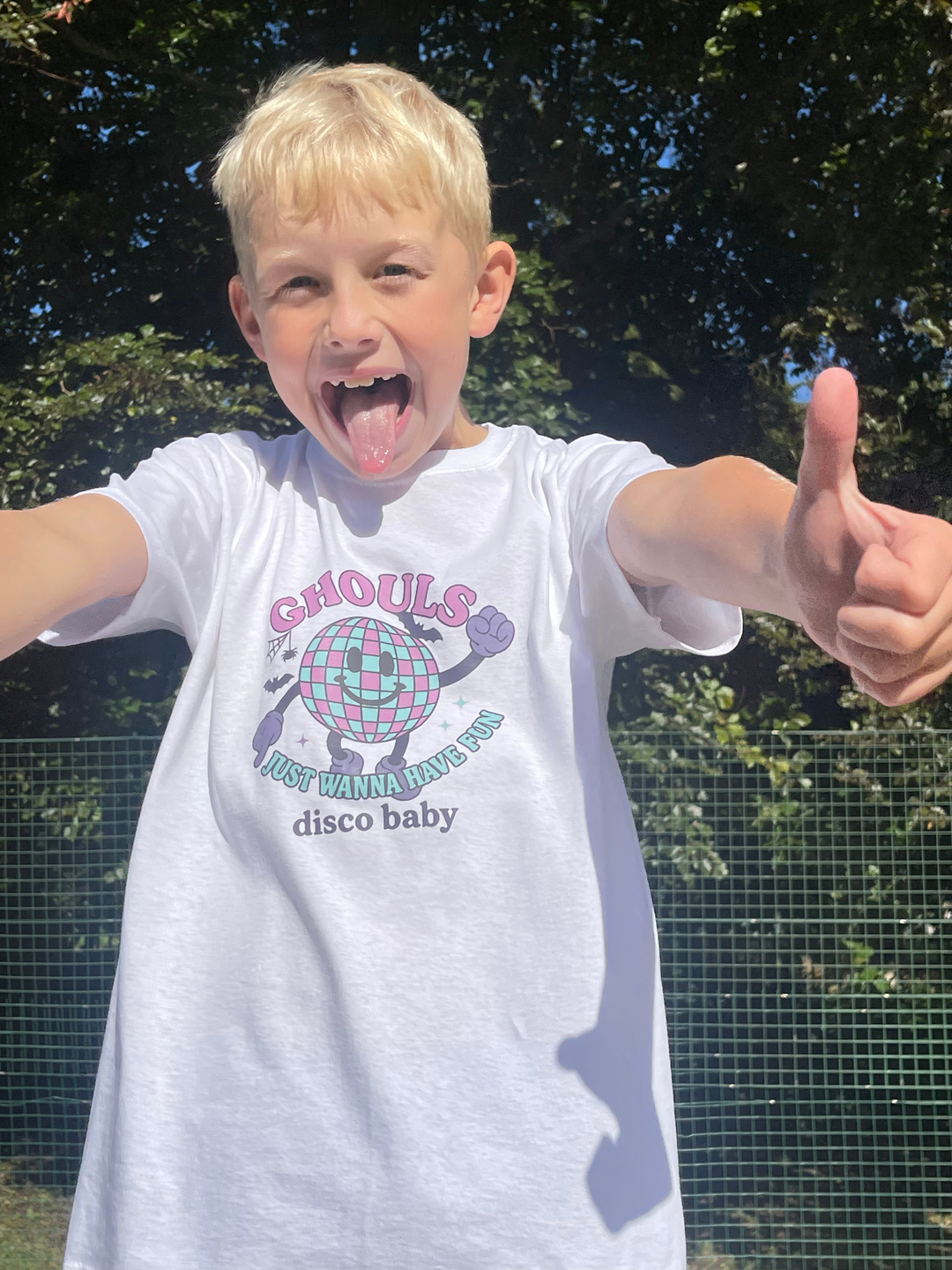 Ghouls Just Wanna Have Fun Kids Halloween T-Shirt – Retro 80s Neon Ghosts & Disco Ball Graphic Tee | Unisex | Disco Baby