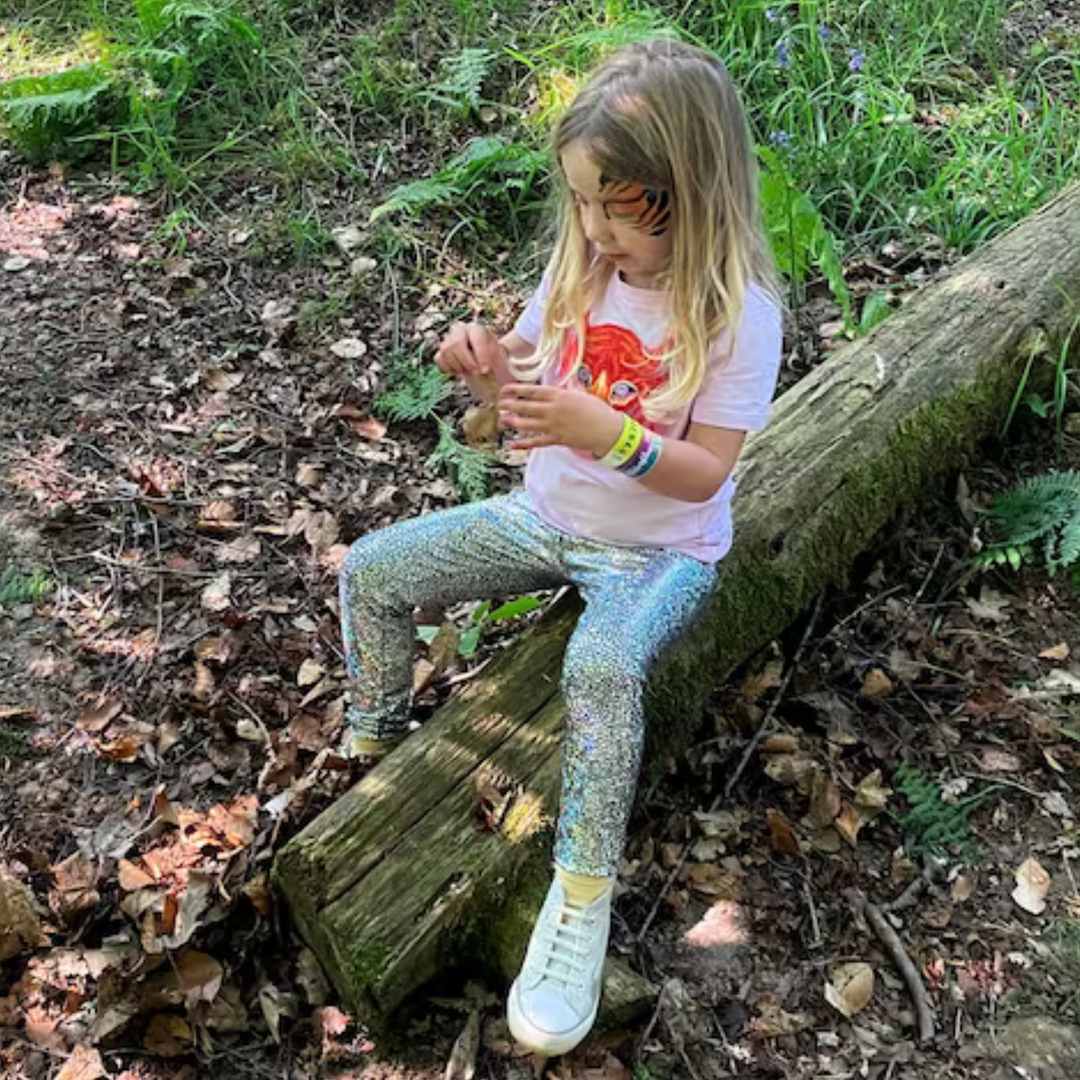 Kids Holographic Silver Leggings | Sparkly Festival & Disco Leggings for Children