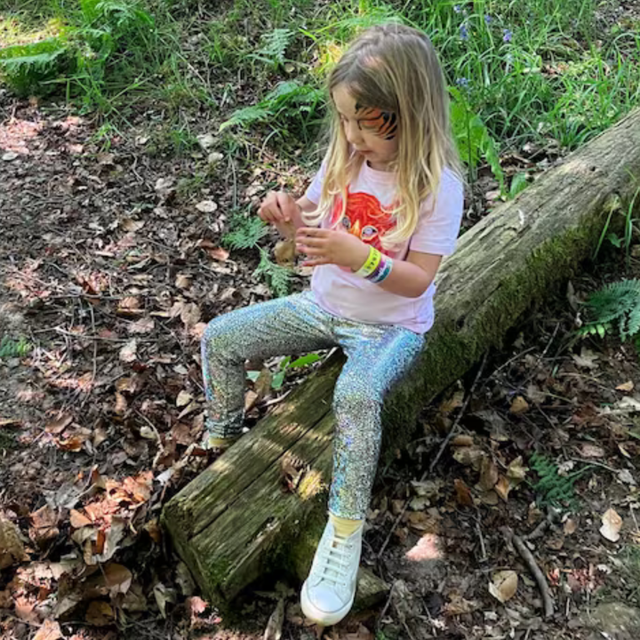 Kids Holographic Silver Leggings | Sparkly Festival & Disco Leggings for Children