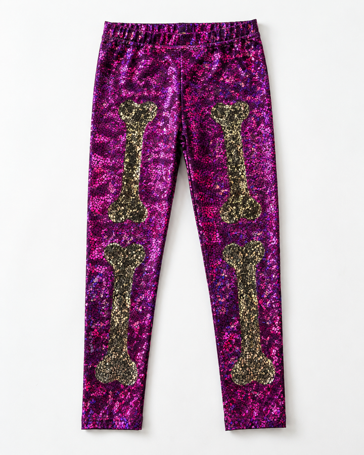Skeleton Halloween Leggings | Kids / Childrens Holographic Black and Silver Sparkly Disco Leggings