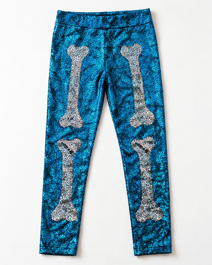 Skeleton Halloween Leggings | Kids / Childrens Holographic Black and Silver Sparkly Disco Leggings