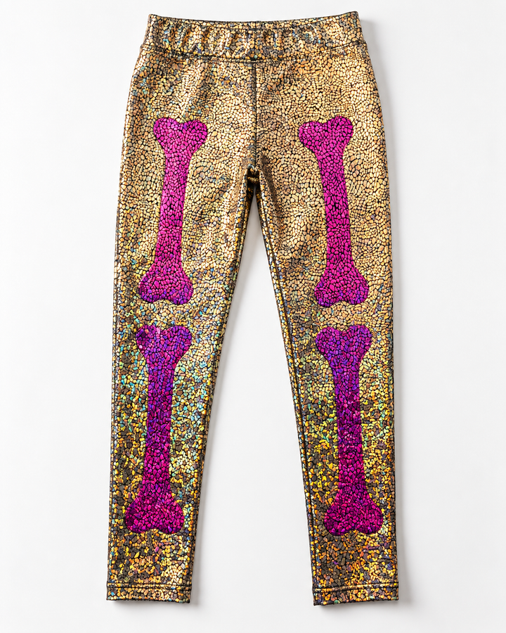 Skeleton Halloween Leggings | Kids / Childrens Holographic Black and Silver Sparkly Disco Leggings