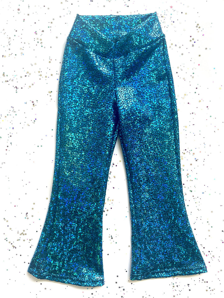 Holographic Sparkly Blue Turquoise Disco Flares / Leggings / Jazz Pants / Dancewear / Festivalwear / Partywear / Childrenswear / Bellbottoms