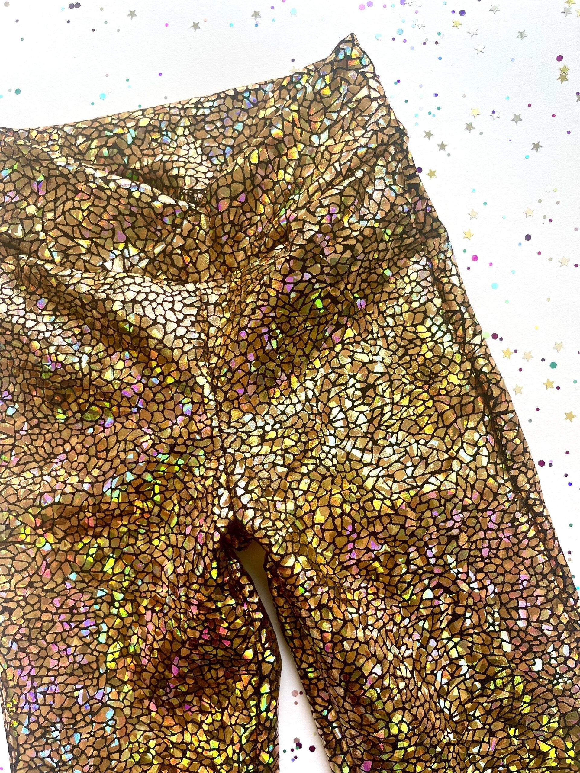 Holographic Sparkly Gold Disco Flares Leggings Jazz Pants Dancewear Festivalwear Partywear Childrenswear Bellbottoms