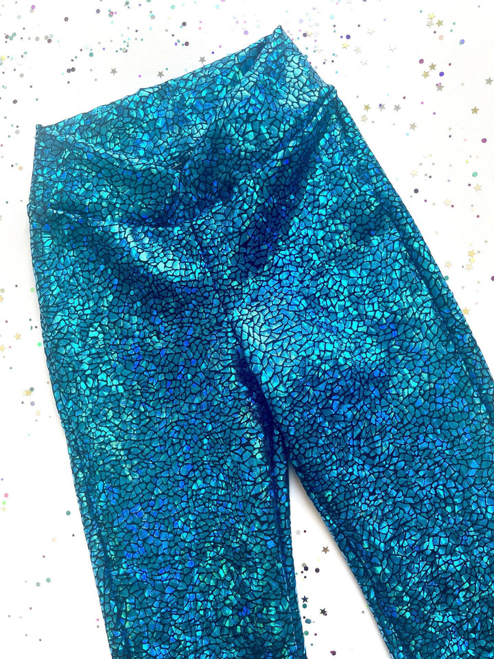 Holographic Sparkly Blue Turquoise Disco Flares / Leggings / Jazz Pants / Dancewear / Festivalwear / Partywear / Childrenswear / Bellbottoms