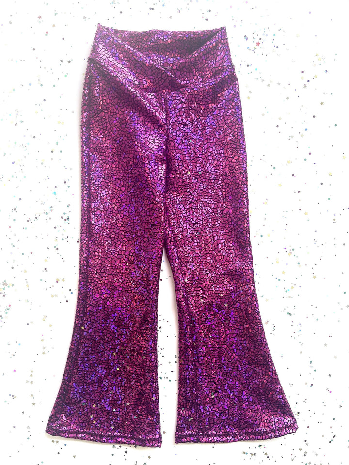 Holographic Sparkly Pink Disco Flares / Leggings / Jazz Pants / Dancewear / Festivalwear / Partywear / Childrenswear / Bellbottoms