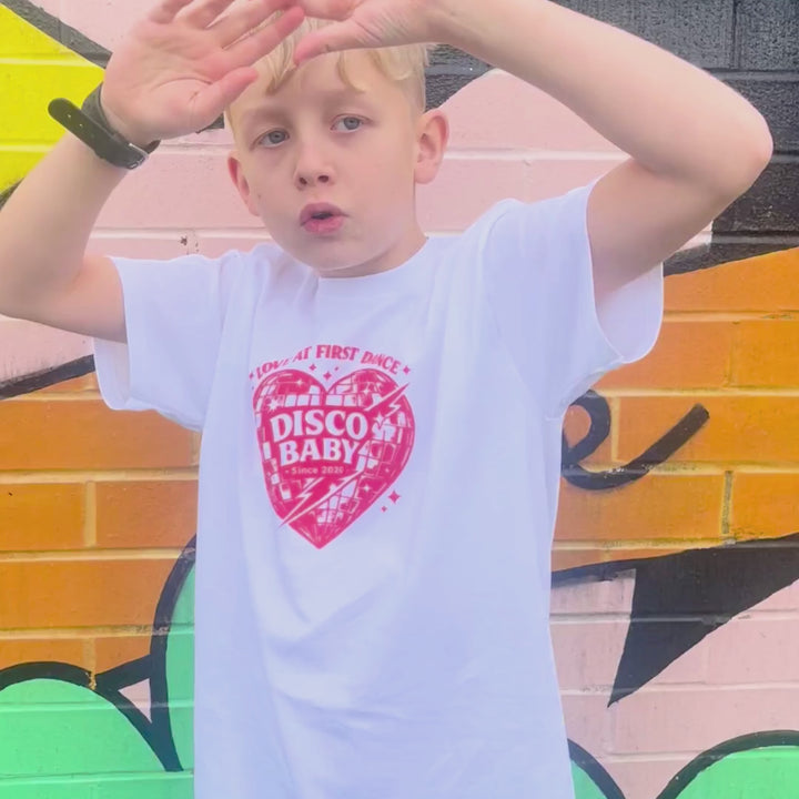 Love At First Dance Kids Disco T-Shirt – Retro Disco Baby Heart Graphic Tee