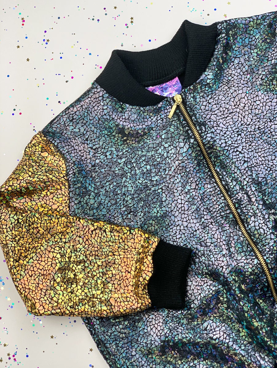 Kids / Childrens Unisex Holographic Sparkly Black / Gold "LITTLE MONSTER" Bomber Jacket