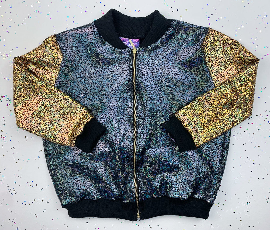 Kids / Childrens Unisex Holographic Sparkly Black / Gold "LITTLE MONSTER" Bomber Jacket