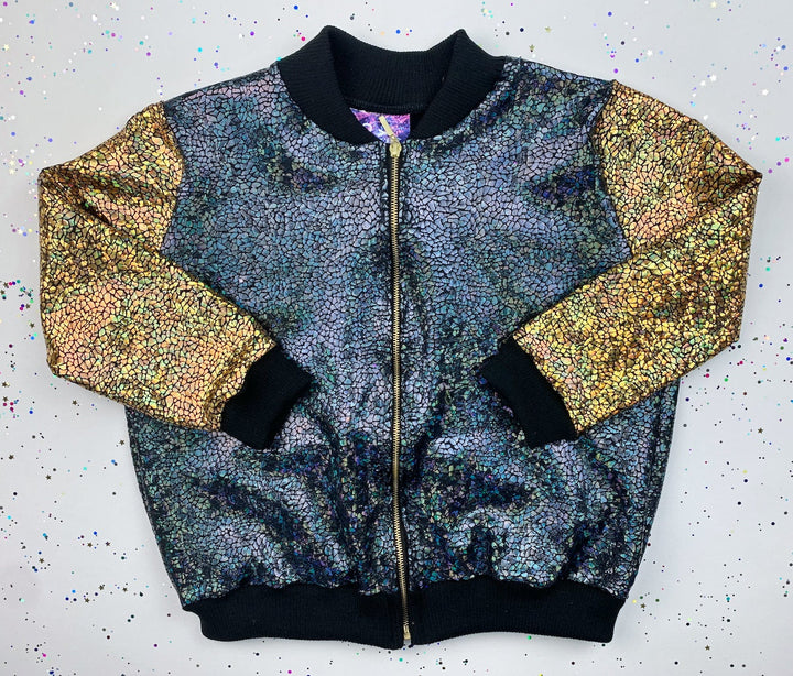 Kids / Childrens Unisex Holographic Sparkly Black / Gold "LITTLE MONSTER" Bomber Jacket