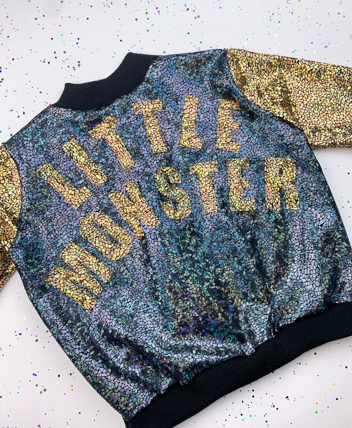 Kids / Childrens Unisex Holographic Sparkly Black / Gold "LITTLE MONSTER" Bomber Jacket