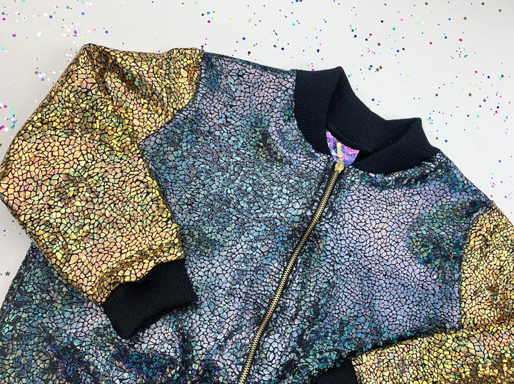 Kids / Childrens Unisex Holographic Sparkly Black / Gold "LITTLE MONSTER" Bomber Jacket