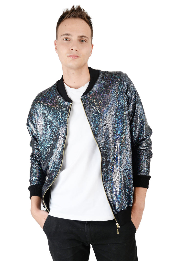 Men's Black Holographic Disco Bomber Jacket