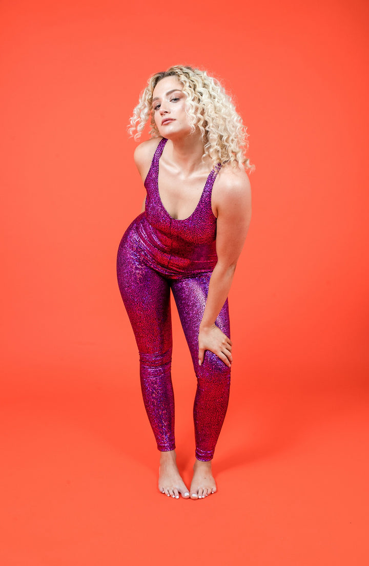 Pink Purple Holographic Disco Mermaid Backless Catsuit