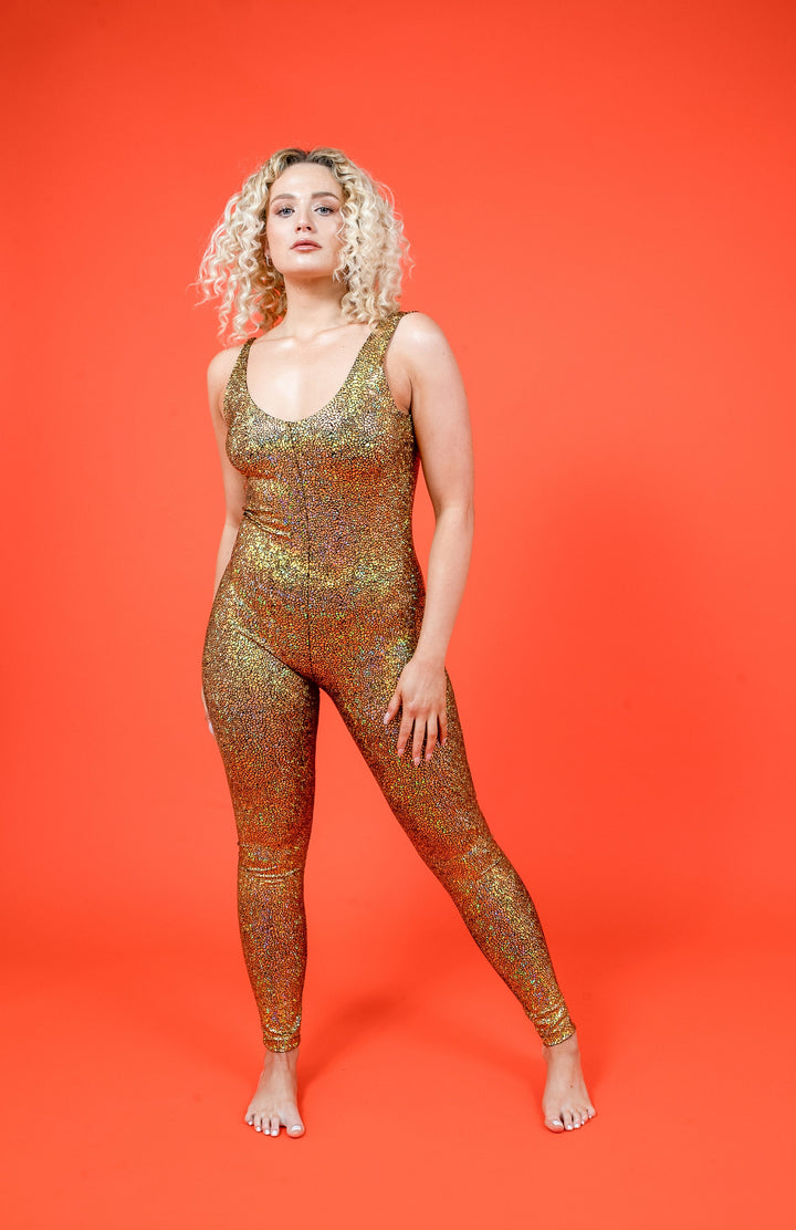 Gold Holographic Disco Mermaid Backless Catsuit