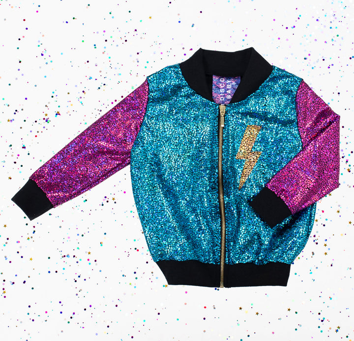 Kids Holographic Gold / Purple / Turquoise Lightning Bolt Bomber Jacket