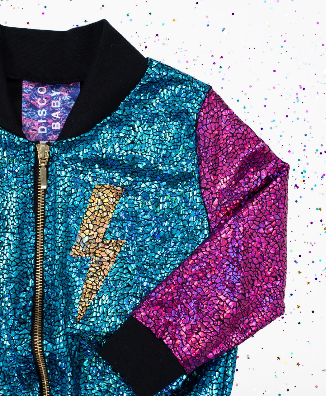 Kids Holographic Gold / Purple / Turquoise Lightning Bolt Bomber Jacket