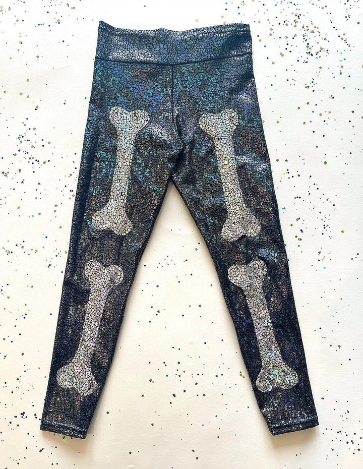 Skeleton Halloween Leggings | Kids / Childrens Holographic Black and Silver Sparkly Disco Leggings