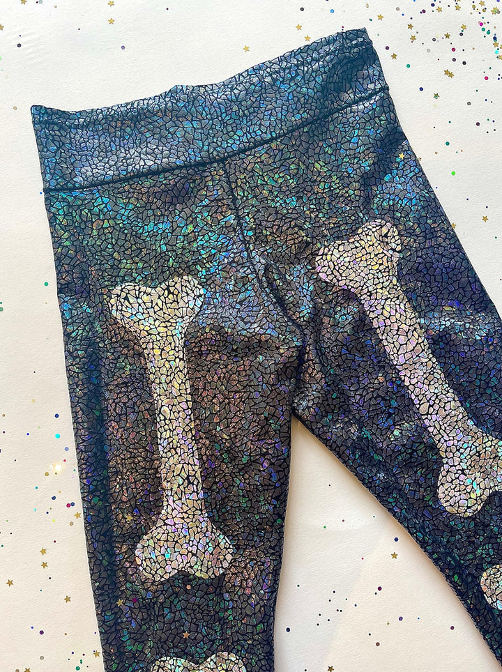 Skeleton Halloween Leggings | Kids / Childrens Holographic Black and Silver Sparkly Disco Leggings